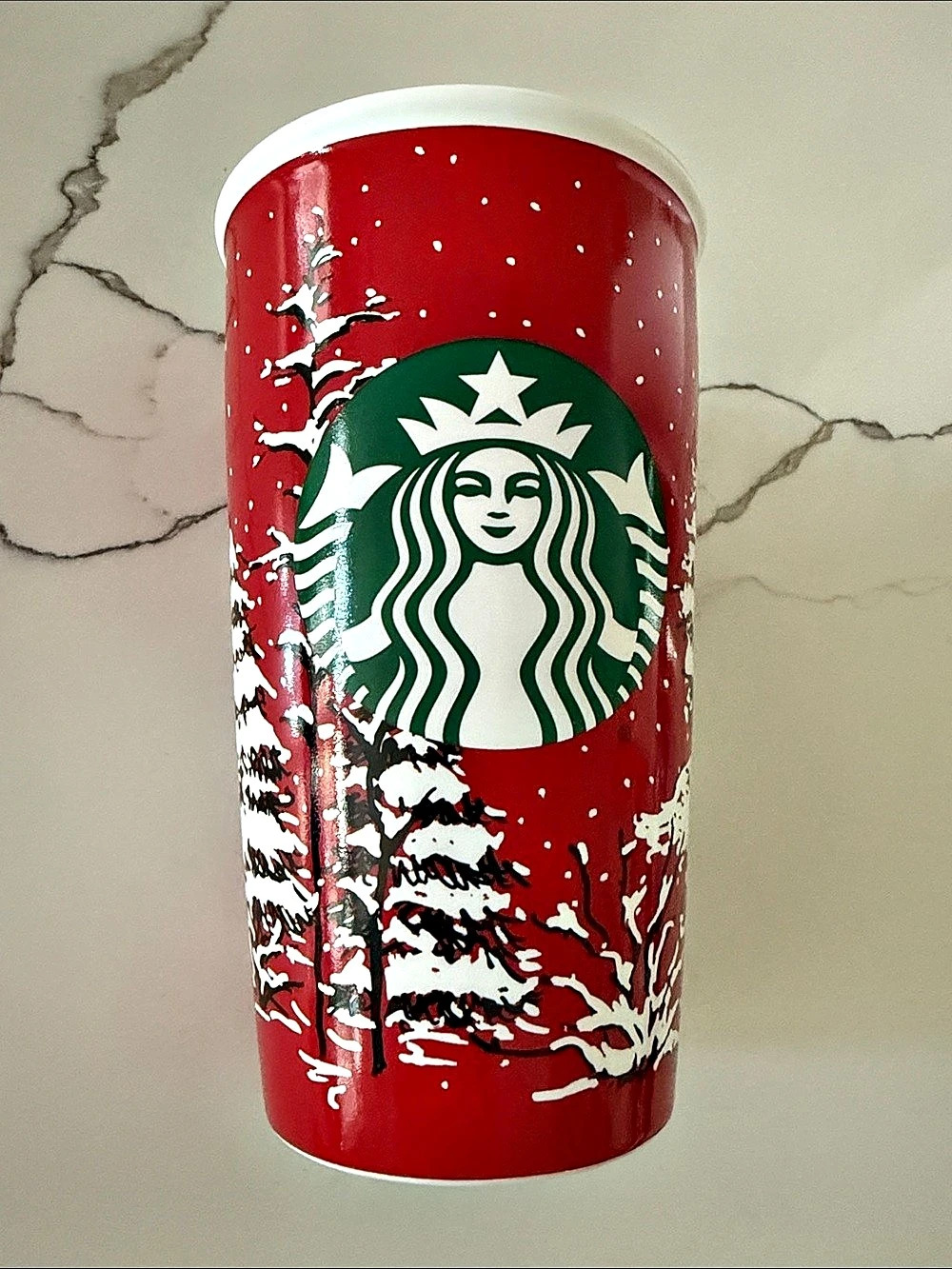 Starbucks winter Holiday Red Snow Trees Ceramic Travel Mug Red & White
